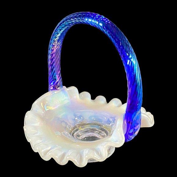 Vintage Fenton Mini Basket Grape & Vine Ruffled Opalescent w/Iridescent Handle - Picture 6 of 14